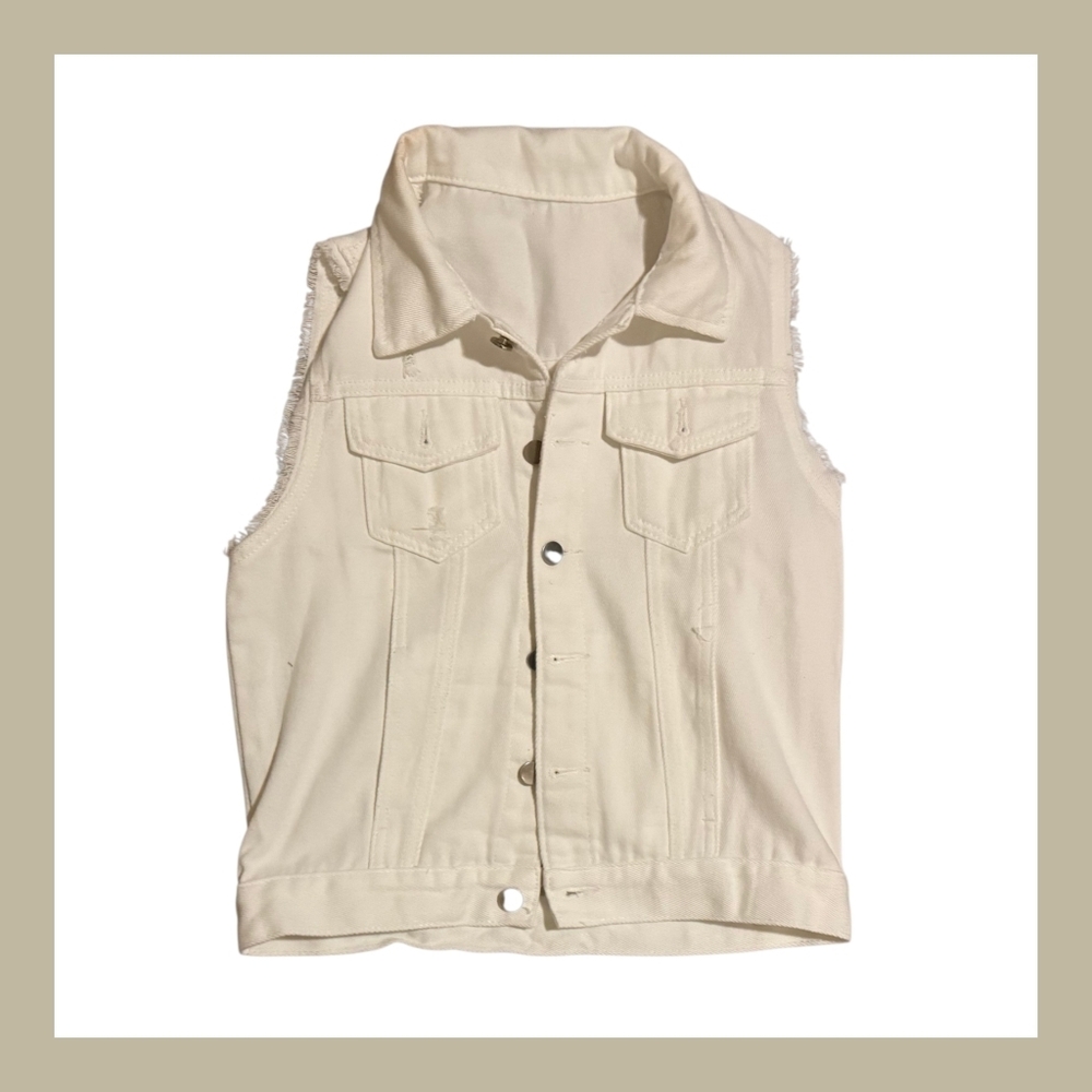 Sleeveless Frayed Edge Denim Vest - Cream